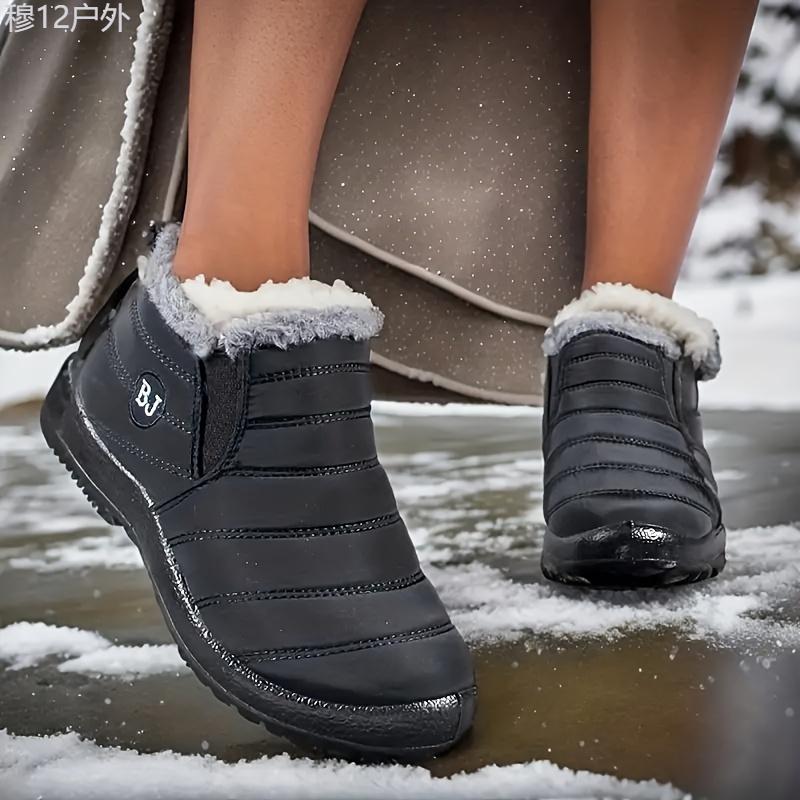 Women's Waterproof Plush Lined Ankle Rain Boots - Casual Solid Color Winter Snow Boots with Flannel Lining and Non-Slip PU Sole