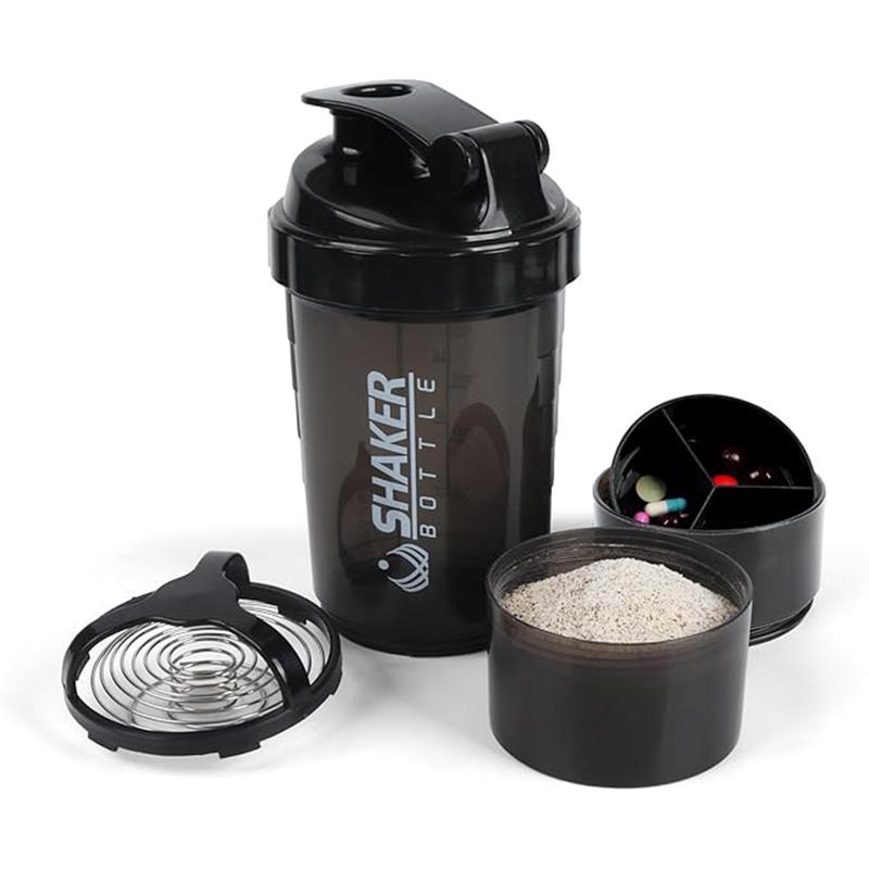 Shaker Bottle - Protein Shaker Cup with Storage Compartments - Leak-proof Workout Shake Bottles with Mixer for Smooth Mixing-500ML 16oz (PURE BLACK)