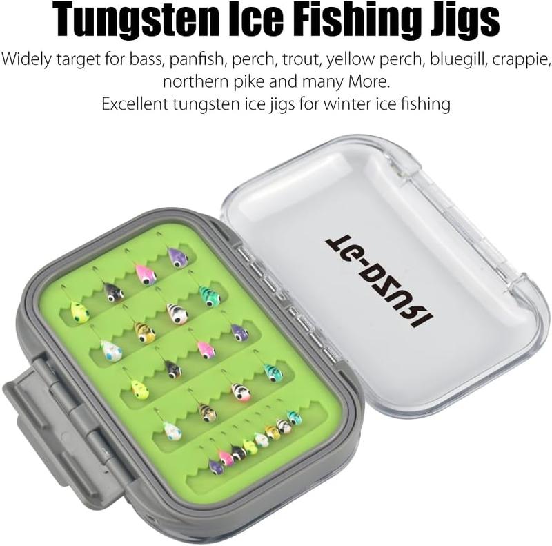 Tungsten Ice Fishing Jigs Kit, 3.2 4 5mm Glow in Dark Tear Drop Ice Fishing Lure Jigs with Waterproof Two-Sided Jig Box Assortment 20 24 30