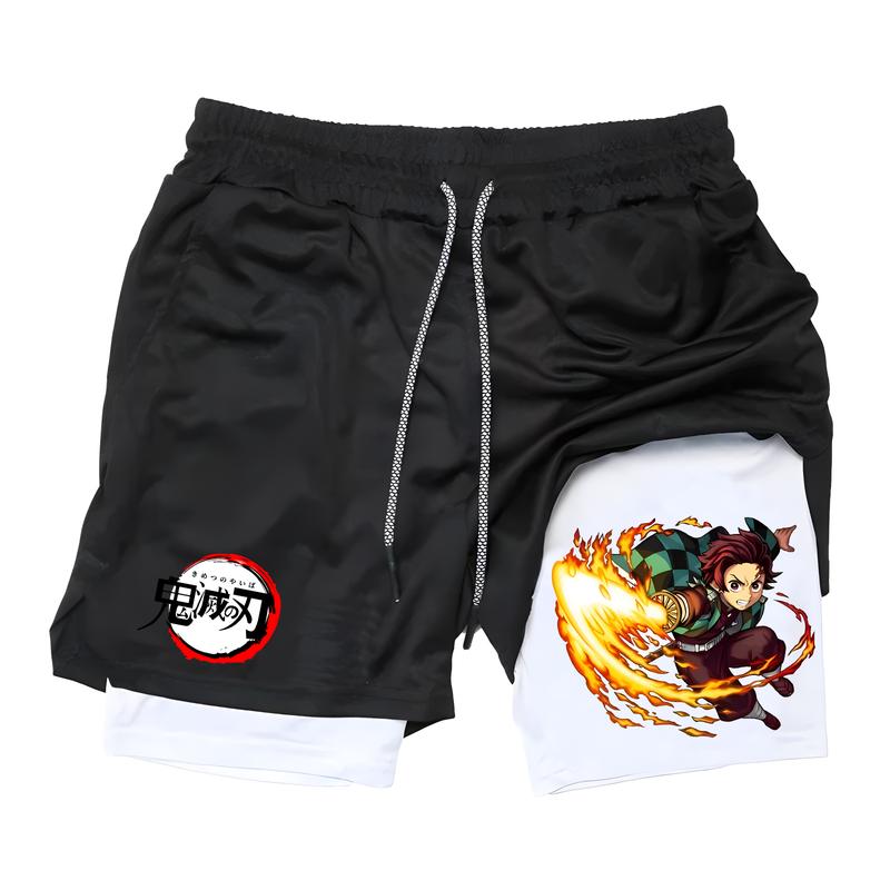 Men Gym 2-in-1 Anime Printed Shorts Double-layer Beach Shorts Anime Printed Sports Shorts Outdoor Training Running Shorts Breathable Gym Shorts Men Performance Shorts Men Shorts Graphic Mens Gym Clothes