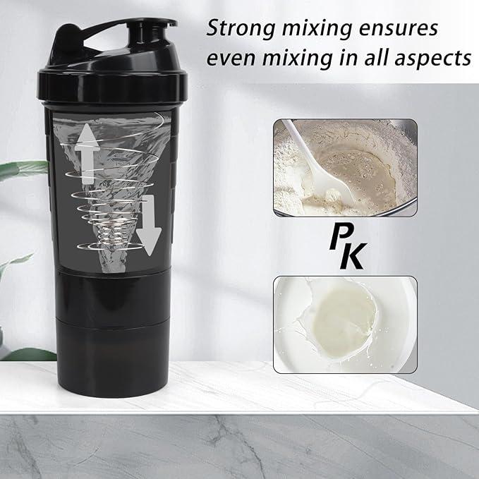 Shaker Bottle - Protein Shaker Cup with Storage Compartments - Leak-proof Workout Shake Bottles with Mixer for Smooth Mixing-500ML 16oz (PURE BLACK)