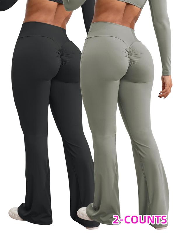 Women's Solid High Waist Ruched Sports Tummy Control Leggings, Sporty Comfy High Stretch Flare Leg Leggings, Ladies Sportswear for Yoga Gym Yoga Workout, Gym Clothing, Leggings for Women, Flare Leggings