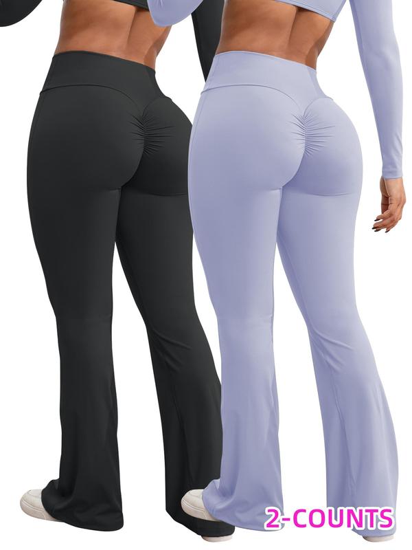 Women's Solid High Waist Ruched Sports Tummy Control Leggings, Sporty Comfy High Stretch Flare Leg Leggings, Ladies Sportswear for Yoga Gym Yoga Workout, Gym Clothing, Leggings for Women, Flare Leggings