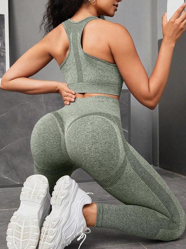 Women's Solid Scoop Neck Racerback Crop Tank Top & High Waist Leggings Tracksuit Set, Sporty Breathable High Stretch Seamless Outfits for Yoga Gym Workout Running, Ladies Sportswear for All Seasons