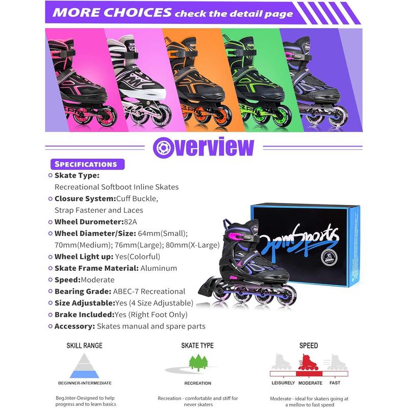 Vinal Girls Adjustable Flashing Inline Skates, All Wheels Light Up, Fun Illuminating Skates for Kids and Men