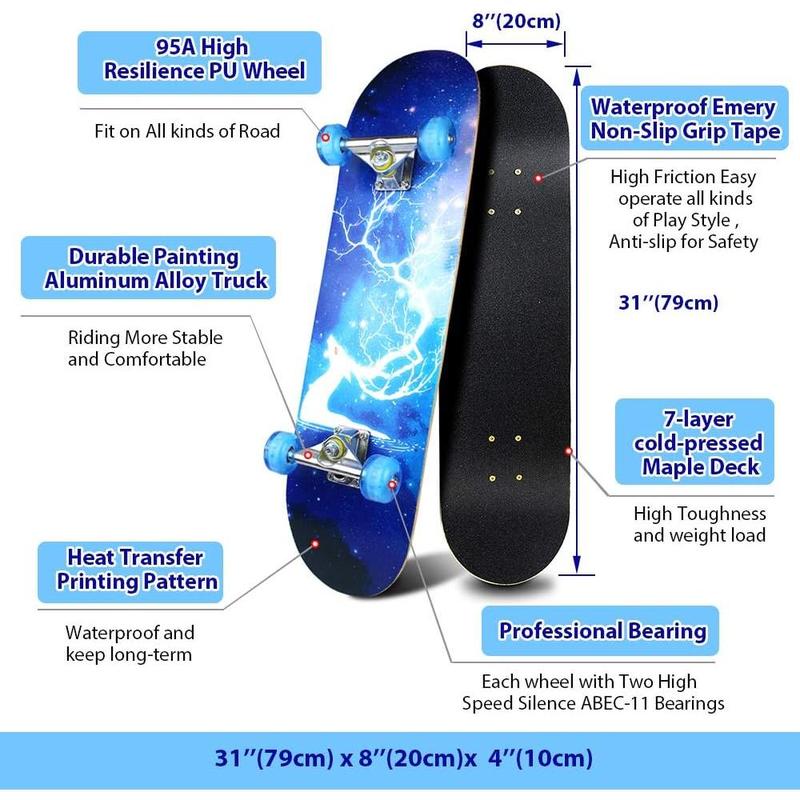 Complete Skateboards- Standard Skateboards for Beginners Kids Boys Girls Teenager- 31''x 8''Canadian Maple Cruiser Pro Skate Board, Skateboards