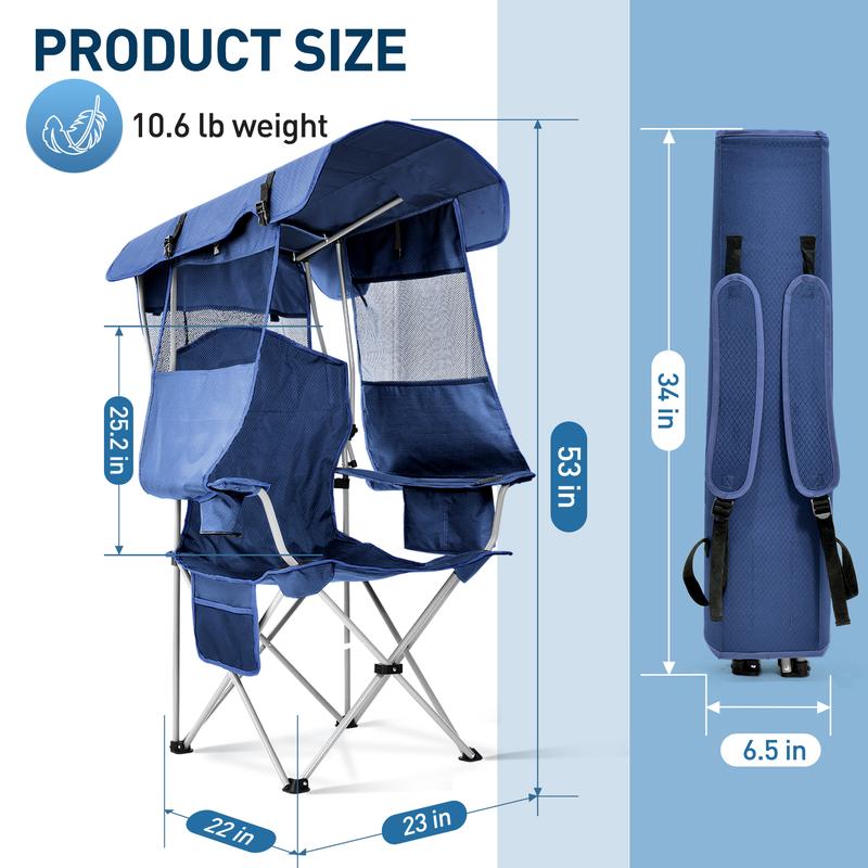 2024 Camping Gadgets Sheltered Sun Chair with Ice Pack, Sheltered Sun Chair with Canopy Shade, Cup Holder, Side Pockets for Outdoor Sports, Camping