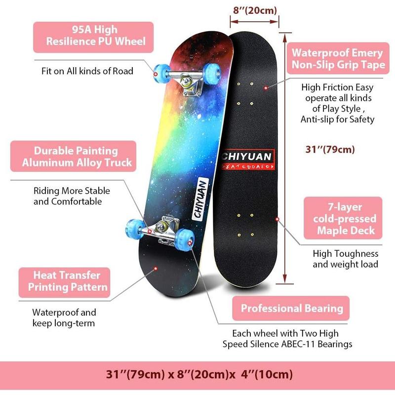 Complete Skateboards- Standard Skateboards for Beginners Kids Boys Girls Teenager- 31''x 8''Canadian Maple Cruiser Pro Skate Board, Skateboards