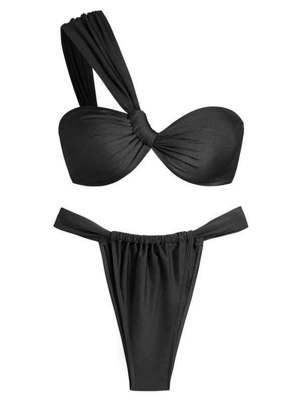 Women's 2pcs Plain Asymmetrical One Shoulder Knot Swimwear Top & Ruched Design High Cut Tong Bikini Swimsuit Sets for Beach Holiday Vacation, Bathing Suits 2024 for Women, Ladies Summer Clothes