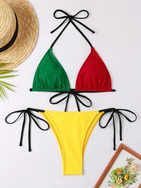 Two-Piece Set Women's Colorblock Halter Triangle Bra & Tie Side Thong Swimwear Set, Casual Backless Swim Top & Swim Bottom, Summer Clothes, Swimwear for Beach Holiday