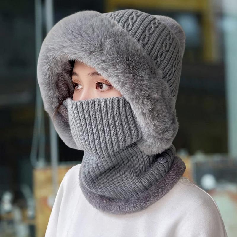 Winter Fleece Lined Knitted Hat with Earmuffs 3-in-1 Winter Hat Scarf Mask Set, Windproof and Warm Hooded Neck Warmer for Outdoor Cycling