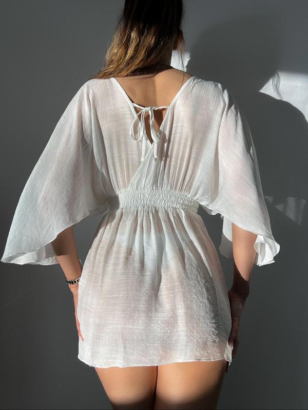 Women's Plain Sheer Shirred Tie Back Cover Up Dress, Casual Batwing Sleeve V Neck Cover Up for Summer, Fashion Women's Swimwear for Beach Holiday