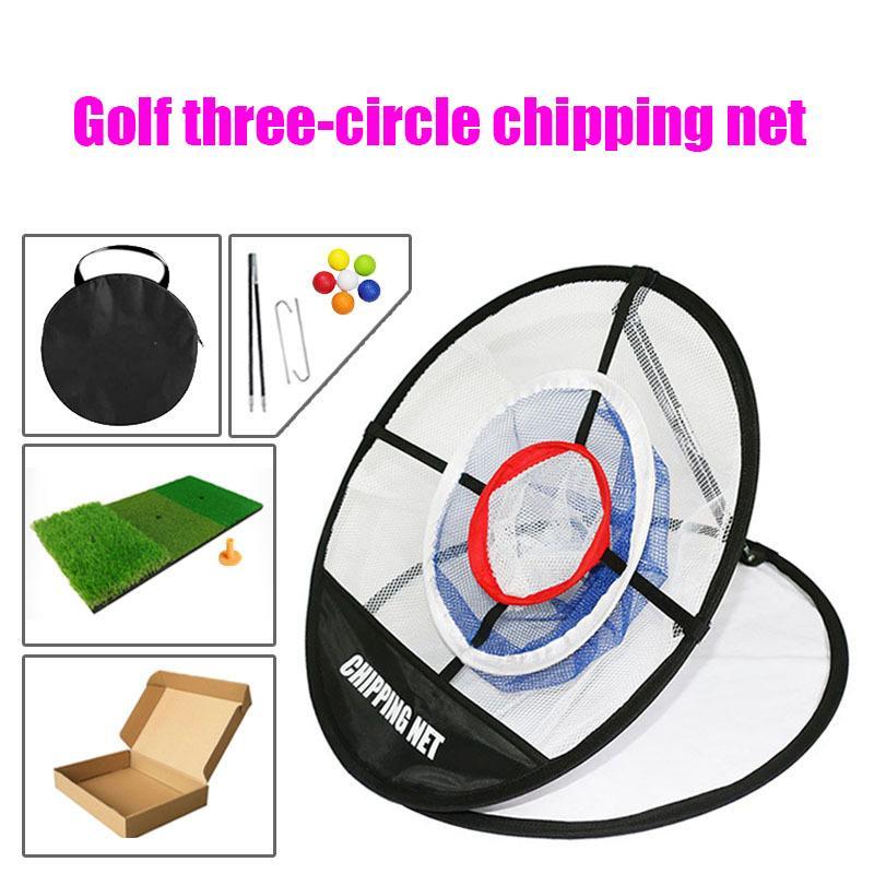 Golf Three-circle Chipping Net, 1 Set Golf Chipping Net With Mat & 6 PU Balls & Random Color Seat, Golf Training Aid