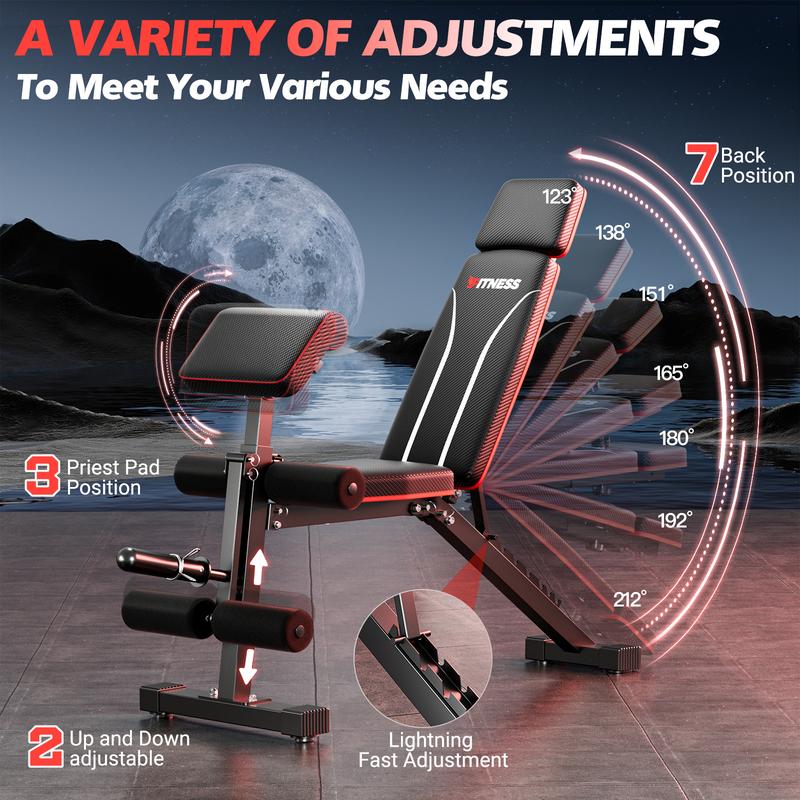 Positions Adjustable Weight Bench With Extended Headrest & Preacher Curl,Foldable Workout Bench Olympic Weight Bench for Home Gym Full Body Strength Training,Support up to 800lbs