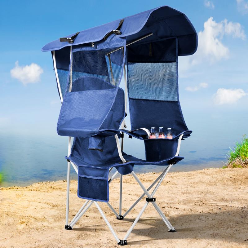 2024 Camping Gadgets Sheltered Sun Chair with Ice Pack, Sheltered Sun Chair with Canopy Shade, Cup Holder, Side Pockets for Outdoor Sports, Camping