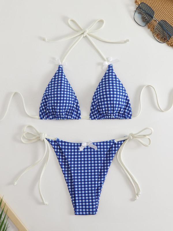 Two-piece Set Women's Plaid Print Bikini Set, Casual Fashion Chic Bow Decor Halter Neck Triangle Swim Bra & Tie Side Swim Panty, Swimsuits 2024 Women for Beach Vacation Underwear For Women