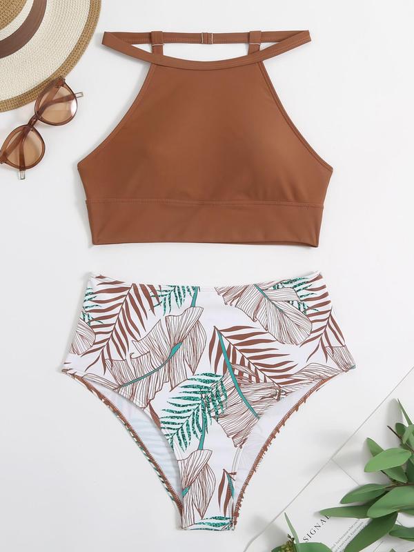 Two-Piece Set Women's Halter Neck Tankini Set, Summer Clothes Women, Tankini Swimsuits Sets Bathing Suits for Women Summer Tummy Control Swimwear 2024, Boho Sleeveless Swim Top & Plants Print High Waist Swim Bottom, Ladies Summer Beach Vacation Swimwear