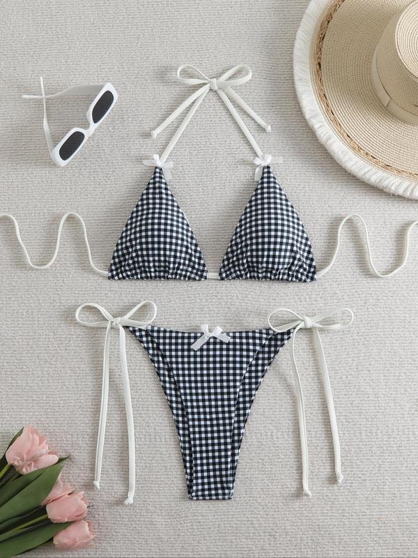 Two-piece Set Women's Plaid Print Bikini Set, Casual Fashion Chic Bow Decor Halter Neck Triangle Swim Bra & Tie Side Swim Panty, Swimsuits 2024 Women for Beach Vacation Underwear For Women