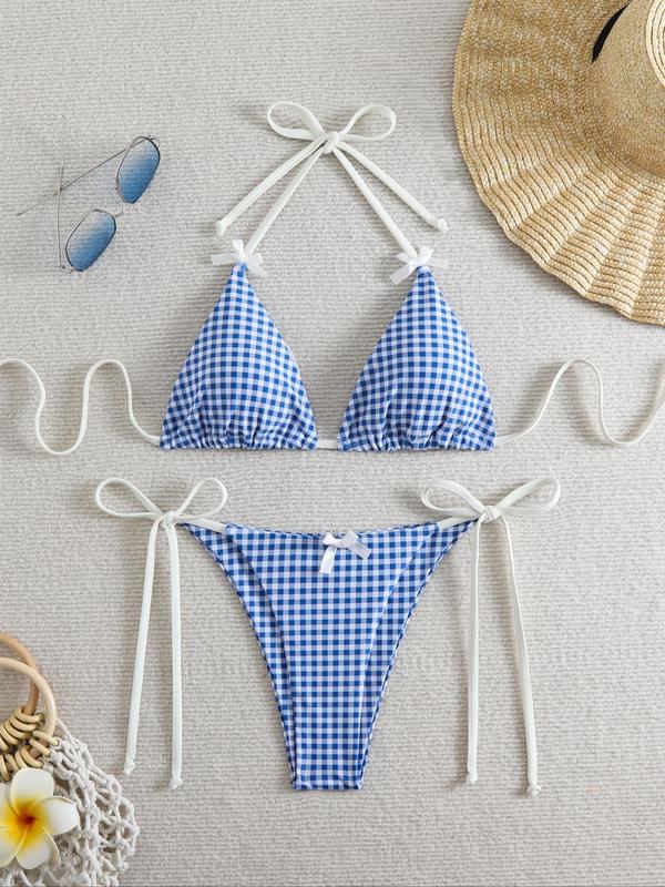 Two-piece Set Women's Plaid Print Bikini Set, Casual Fashion Chic Bow Decor Halter Neck Triangle Swim Bra & Tie Side Swim Panty, Swimsuits 2024 Women for Beach Vacation Underwear For Women