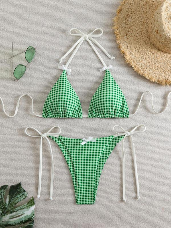 Two-piece Set Women's Plaid Print Bikini Set, Casual Fashion Chic Bow Decor Halter Neck Triangle Swim Bra & Tie Side Swim Panty, Swimsuits 2024 Women for Beach Vacation Underwear For Women