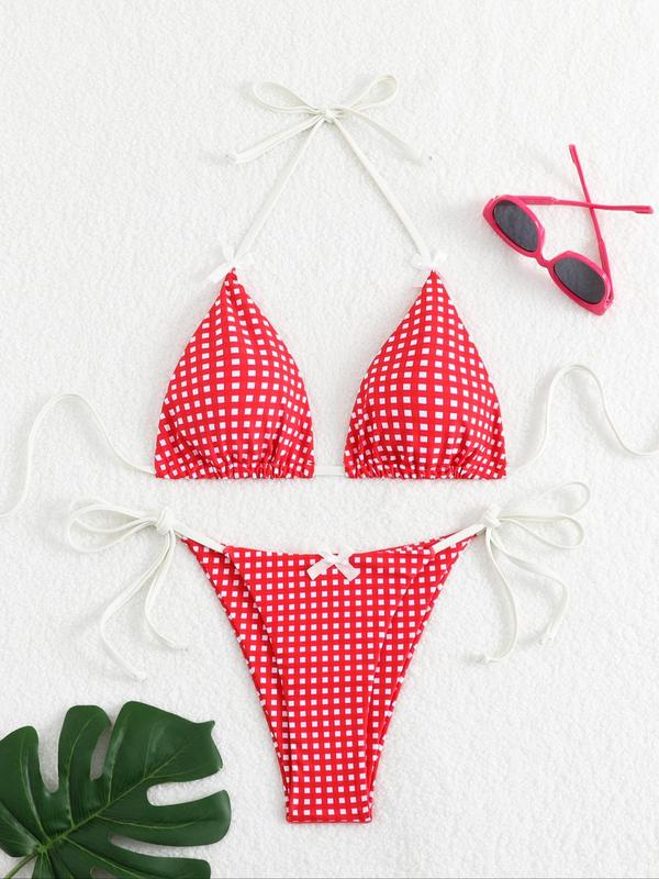 Two-piece Set Women's Plaid Print Bikini Set, Casual Fashion Chic Bow Decor Halter Neck Triangle Swim Bra & Tie Side Swim Panty, Swimsuits 2024 Women for Beach Vacation Underwear For Women