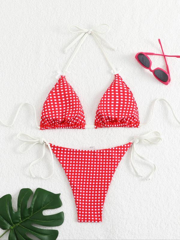 Two-piece Set Women's Plaid Print Bikini Set, Casual Fashion Chic Bow Decor Halter Neck Triangle Swim Bra & Tie Side Swim Panty, Swimsuits 2024 Women for Beach Vacation Underwear For Women