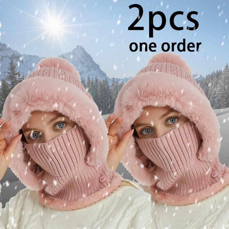 Winter Fleece Lined Knitted Hat with Earmuffs 3-in-1 Winter Hat Scarf Mask Set, Windproof and Warm Hooded Neck Warmer for Outdoor Cycling