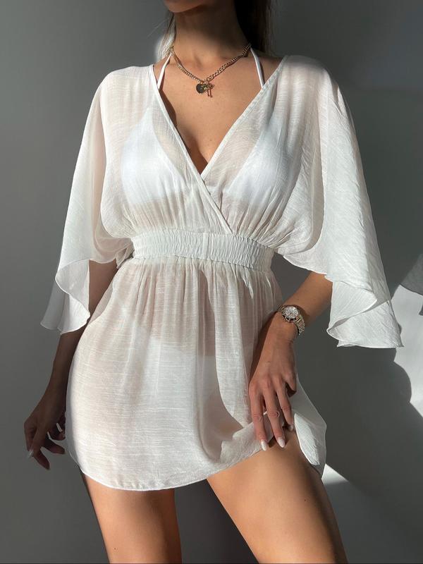 Women's Plain Sheer Shirred Tie Back Cover Up Dress, Casual Batwing Sleeve V Neck Cover Up for Summer, Fashion Women's Swimwear for Beach Holiday