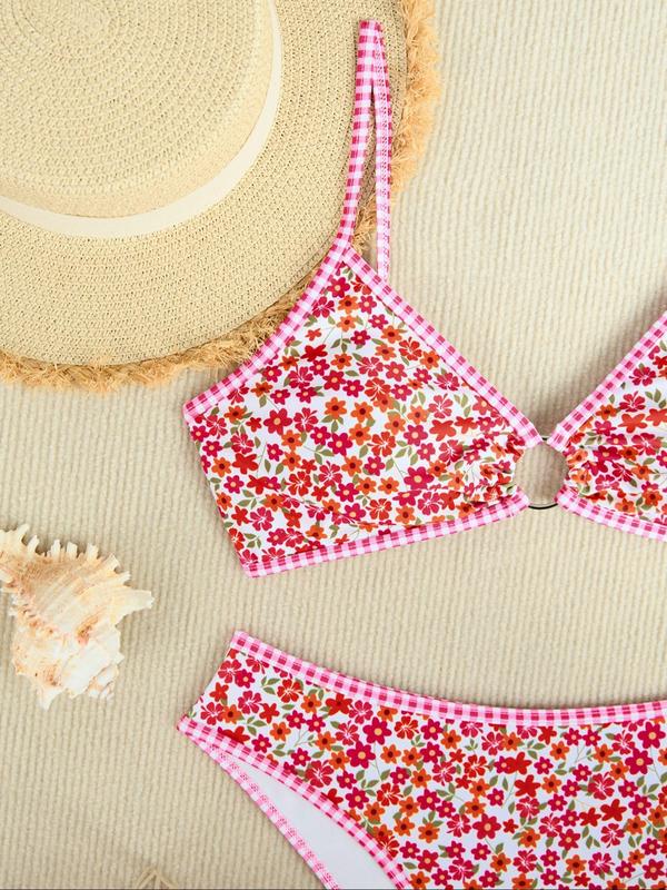 Two-Piece Set Women's Ditsy Floral Print O-ring Bikinis Set, Adjustable Strap Bikini Top & High Cut Bikini Bottom, Ladies Summer Swimwear for Beach Holiday Vacation