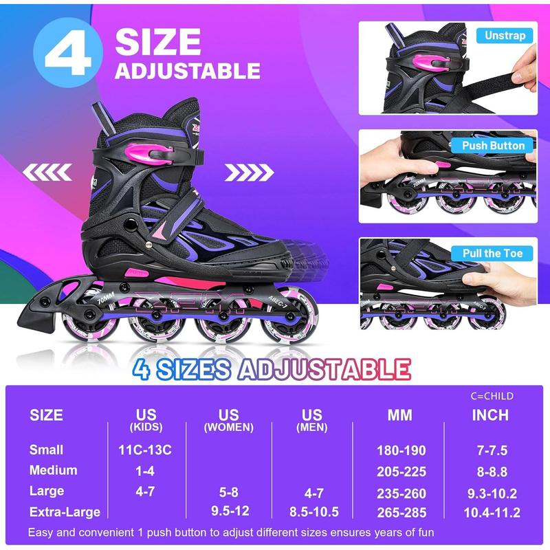 Vinal Girls Adjustable Flashing Inline Skates, All Wheels Light Up, Fun Illuminating Skates for Kids and Men