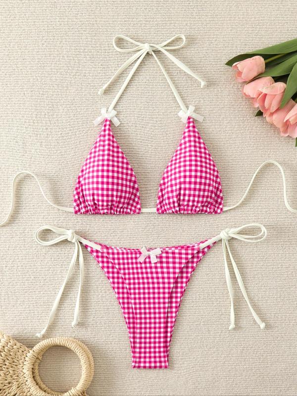 Two-piece Set Women's Plaid Print Bikini Set, Casual Fashion Chic Bow Decor Halter Neck Triangle Swim Bra & Tie Side Swim Panty, Swimsuits 2024 Women for Beach Vacation Underwear For Women