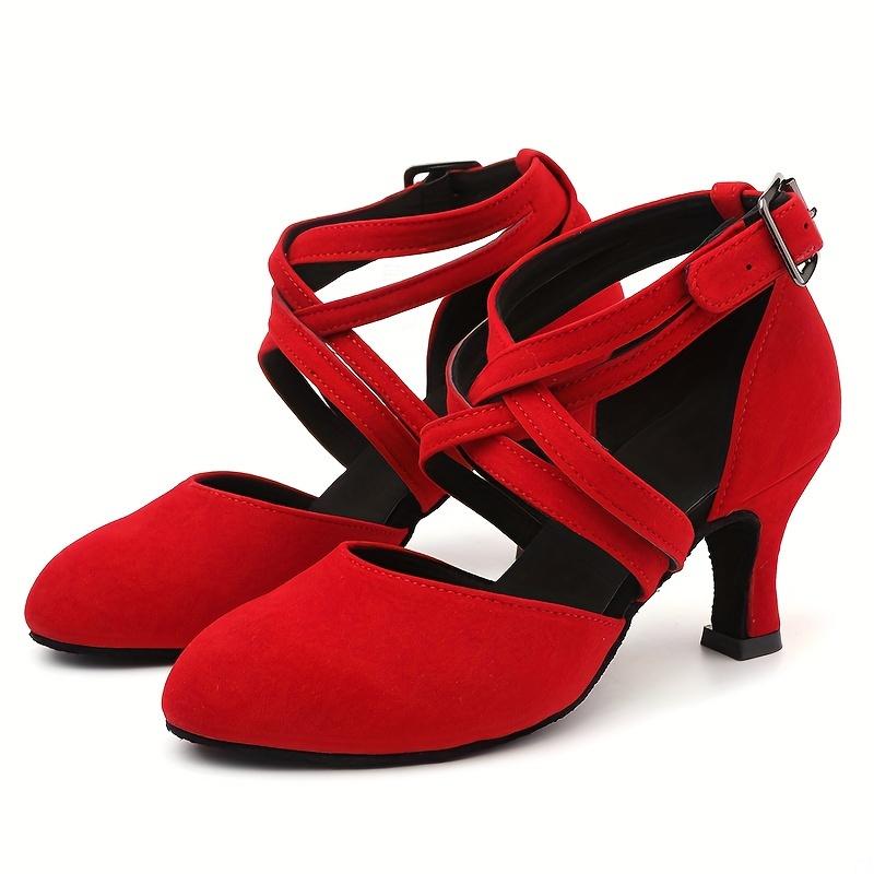 Womens Latin Salsa Dance Shoes - Soft Indoor Fabric, Secure Cross-Straps, Stylish Low Heel, Ultra-Comfortable Fit - Perfect for Cha Cha, Ballroom - Multiple Colors