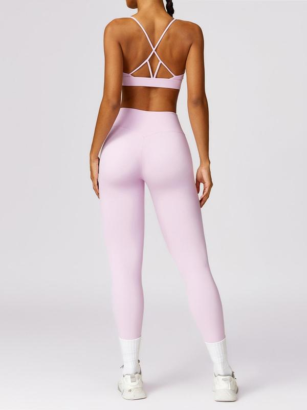 Women's Plain Criss Cross Cut Out Sport Bra & High Waist Leggings Tracksuit Set, Scoop Neck Sleeveless Top & Skinny Pants Two-piece Outfits, Jogging Suit Set, Ladies Sportswear for Indoor Outdoor Wear, Fall Outfits