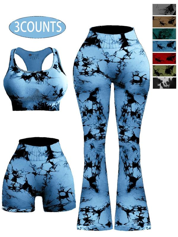 3 Pieces Women's Tie Dye Print Sports Tracksuit Set, Summer Outfits, Scoop Neck Racerback Sports Bra & High Waist Flare Leg Pants & Wide Waistband Skinny Shorts, Jogging Suit Set, Designer Sweatsuits, Ladies Sportswear Gym Clothes Women, Fall Outfit 2024