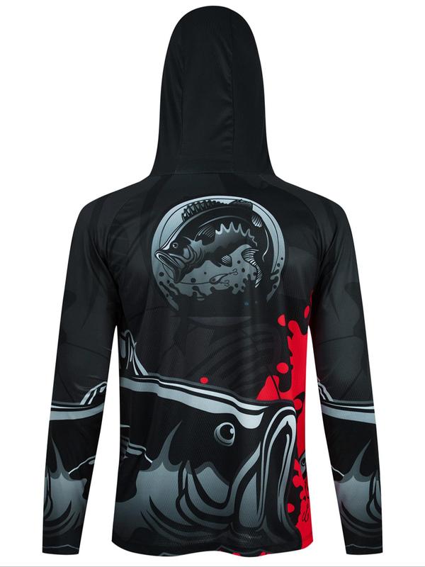 Men's Regular Fit Print Long Sleeve Hooded Rashguard, Sun Protection Quick Drying Fishing Hooded Sweatshirt, Sports Outfits, Casual Sporty Top for Outdoor Activities