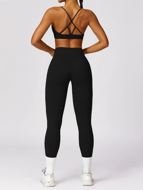 Women's Plain Criss Cross Cut Out Sport Bra & High Waist Leggings Tracksuit Set, Scoop Neck Sleeveless Top & Skinny Pants Two-piece Outfits, Jogging Suit Set, Ladies Sportswear for Indoor Outdoor Wear, Fall Outfits