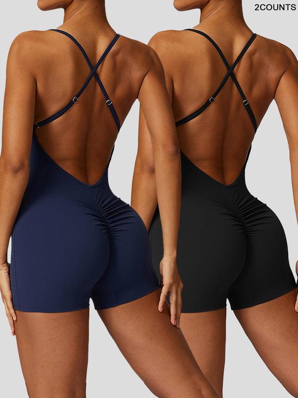 Women's Criss Cross Backless Sports Tummy Control Romper, High Stretch Spaghetti Strap Bodycon Romper for Yoga Gym Workout Running, Jumpsuit for Women, Rompers for Women, Ladies Sportswear, Fall Clothes, Minimalistic