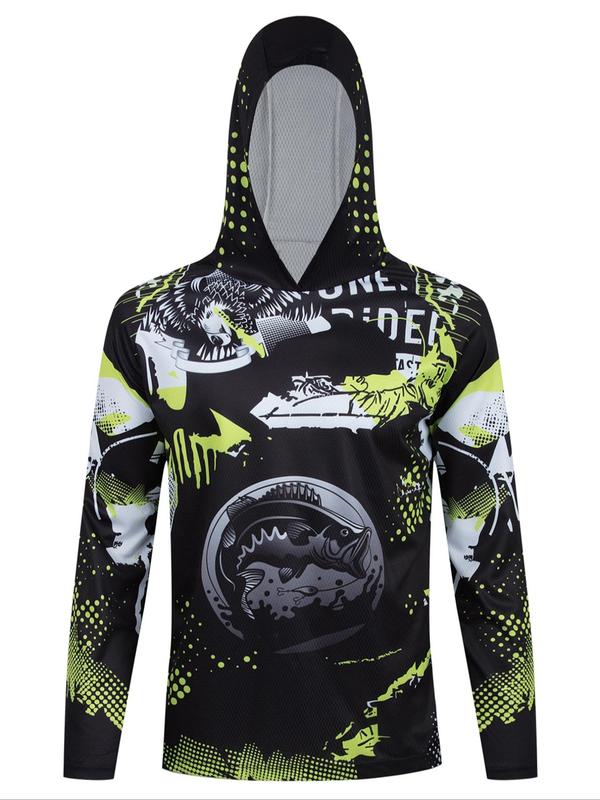 Men's Regular Fit Print Long Sleeve Hooded Rashguard, Sun Protection Quick Drying Fishing Hooded Sweatshirt, Sports Outfits, Casual Sporty Top for Outdoor Activities