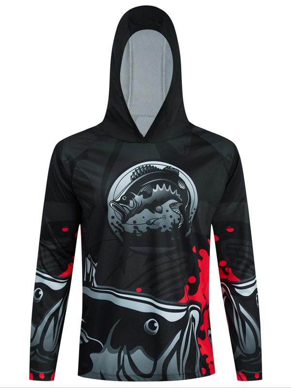 Men's Regular Fit Print Long Sleeve Hooded Rashguard, Sun Protection Quick Drying Fishing Hooded Sweatshirt, Sports Outfits, Casual Sporty Top for Outdoor Activities