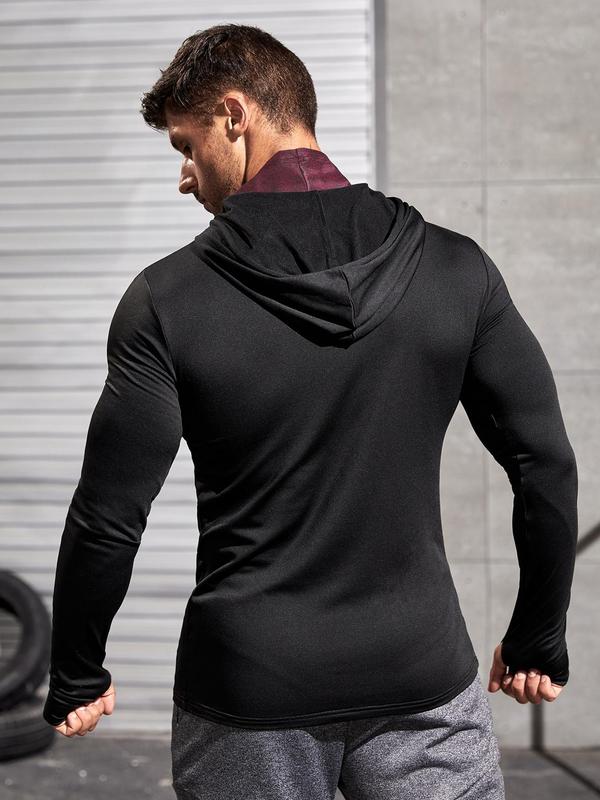 Men's Letter Print Thumb Hole Sports Rashguard, Slim Long Sleeves Drawstring Hooded Sports Top, Sportswear, Gym Clothing Men, Gym Tops, Men's Clothing for Spring & Fall