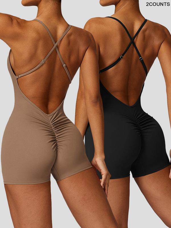 Women's Criss Cross Backless Sports Tummy Control Romper, High Stretch Spaghetti Strap Bodycon Romper for Yoga Gym Workout Running, Jumpsuit for Women, Rompers for Women, Ladies Sportswear, Fall Clothes, Minimalistic