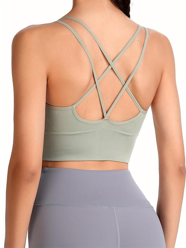 Women's Solid Color Criss Cross Backless Sports Bra, Breathable Comfortable Wireless Sports Bra, Ladies Sportswear for Indoor Outdoor Wear