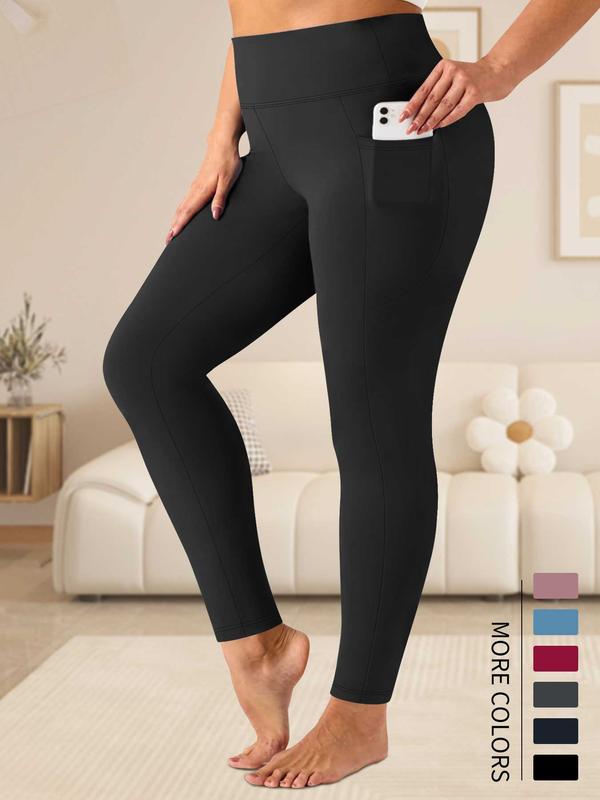  Women's Solid Pocket Design High Waist Leggings, Casual Comfy Breathable Skinny Pants for Yoga Gym Workout, Ladies Bottoms for All Seasons