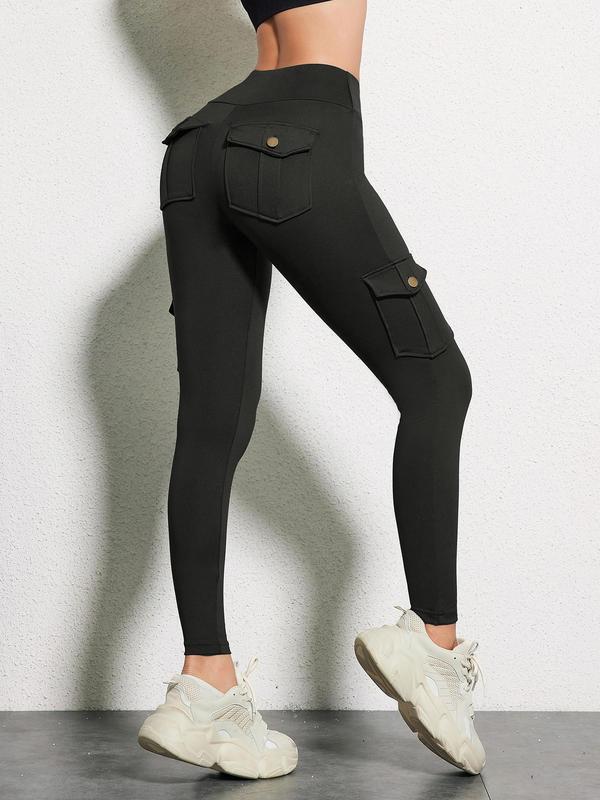 Women's Solid High Waist Pocket Sports Leggings, Casual Comfy Breathable Skinny Pants for Yoga Gym Workout, Ladies Sportswear for Spring & Fall