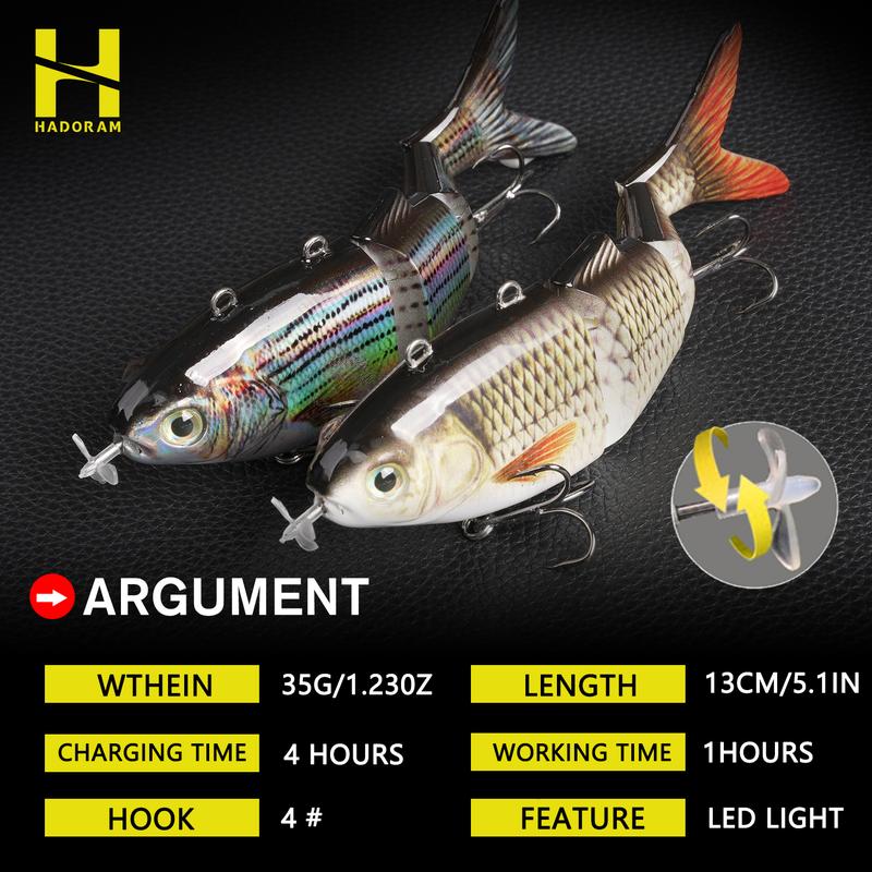 HADORAM Robotic Swimming Lure 5.1” Fishing Lure 4-Segement Multi Jointed Swimbait Electric Bait LED Light USB Rechargeable Robotic Lure for Bass Trout Pike Fishing Tackle…