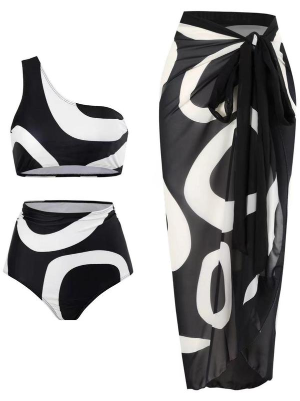 Women's All Over Print Ruched Swimsuit Set, One Shoulder Swim Top & High Waist Swim Bottom & Knot Swim Skirt , Summer Swimwear Set for Beach Holiday Vacation