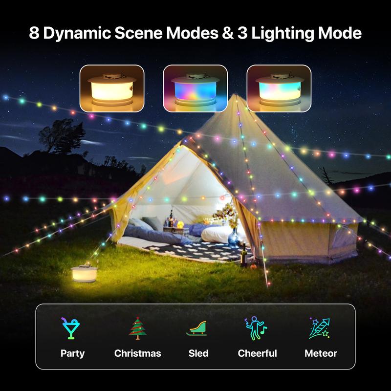 Demilare 2 in 1 Camping String Light, Quick Storage Portable outdoor string lights, 8 Flashing Modes and 4 Rhythm Modes Ambinet Light, 7 RGB Colors Tent Lights, Decorative Atomosphere Lights , Christmas LED String Light,Halloween