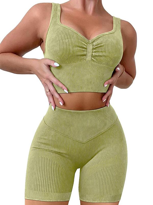 Women Workout Set, Sweetheart Neck Crop Tank Top & Tummy Control High Wasit Butt Scrunch Shorts, Seamless Ribbed Yoga Sets