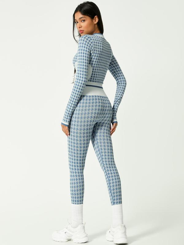 Two-piece Set Women's Houndstooth Print Zip Up Crop Jacket & High Waist Leggings Tracksuit Set, Sporty Breathable Comfy Outfits for Yoga Gym Running, Workout Sets for Women, Women Tracksuits for Fall & Winter