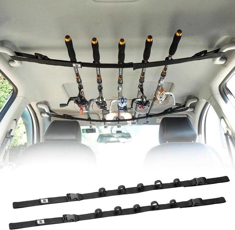 Vehicle Fishing Rod Holder,  Fishing Pole Roof Rack Inside, 5 Rod Capacity, Heavy Duty Adjustable 30-54 Inch, Fishing Rod Carrier Fishing Pole Storage Straps for Truck  SUV Wagons Van